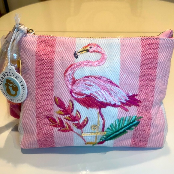 Spartina 449 Handbags - Spartina Carina Embroidered Flamingo Wristlet Pink & Cream NWT